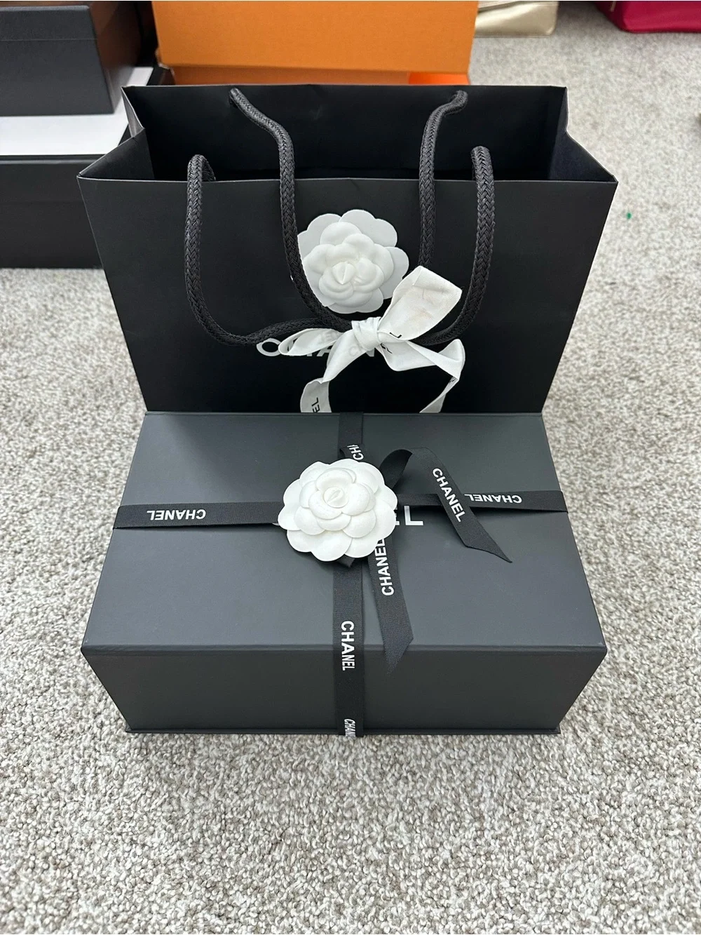 CHANEL Black Gift Box Set with White Camellia Accent for mini to small bag